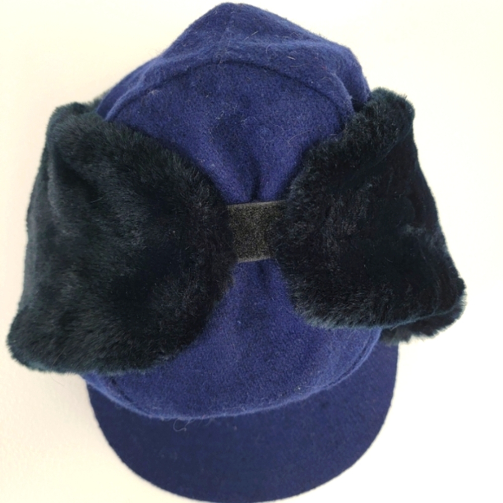Vintage Wool Dorfman Pacific Navy Faux Fur Lined Ear Flap Hat Quilted Lining LG - Picture 3 of 9
